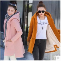 Jackets 2022 Autumn Winter Women's Fleece Jacket Coats Female Long Hooded Coats Outerwear Warm Thick Female Red Slim Fit Hoodies Jackets