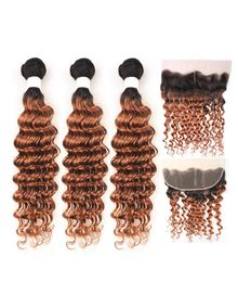 Ombre 1B30 2 Tone Deep Wave Remy Human Hair Weave Bundles With Frontal 13X42842671