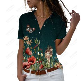 Shirt New Fashion Spring/Summer Gradient Floral Pattern 3D Digital Print Shirt Short Sleeve Rural Girl Style Women's Polo Button Top
