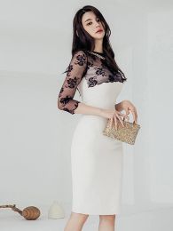 Dress Spring Autumn Fake 2 Pieces Formal Occasion Dress For Women Elegant Lady Chic Lace Sheer Wrap Hip Midi Party Prom Mujer Vestidos