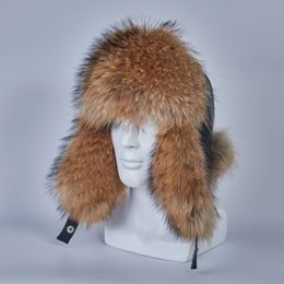 russian ushanka hats of real raccoon fur trapper hat earflap men real silver fur genuine leather russian winter cap H210282g
