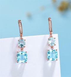 Kuololit 585 Rose Gold Hoop Earrings for Women Solid 925 Sterling Silver Blue Aquamarine Gemstone Luxury Jewerly Engagement 2203312810006