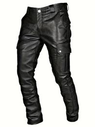 button leather pants long motorcycle false pocket straight pu material micro elastic Large size oversized 240315