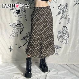 Skirt IAMHOTTY Y2K Plaid Mesh Double Layers Long Skirt Brown Fairycore Grunge Midi Skirts Vintage Aesthetic Holiday Outfit Boho Street