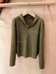 Womens Sweaters Spring loro piano Leisure Dark Green Lapel V-neck Long Sleeve Wool Sweater