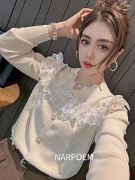 Women's Knits White Lace Bottom Sweater For 2024 Spring Winter V-Neck Knitted Cardigan Sweaters Jacket Pull Femme Sueters De Mujer