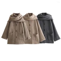 Women's Jackets Winter 2024 Mature Charm Pocket Decoration With Three Colour Scarf Knitted Coat Retro Single Breasted