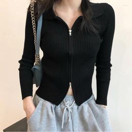 Women's Knits Double Zipper Pit Stripe Knitted Cardigan Autumn And Winter Short Jacket Tight Navel Lapel Long Sleeve Top