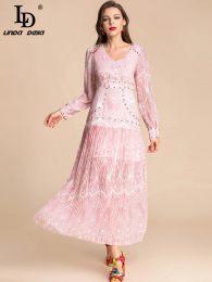 Dress LD LINDA DELLA Fashion Designer Summer Pink Dress Women VNeck Lantern sleeve Beading Floral print Vacation Long pleated Dress