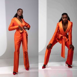 Bright Orange Women Pants Suits Summer Fashion Show Ladies Blazer Jacket Guest Wear With Sashes 2 Pieces