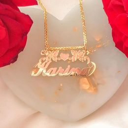 18K Gold Plated Yellow Cursive Butterflies Heart Custom Nameplate Pendant Necklace Stainless Steel Jewelry Gift For Women 240221