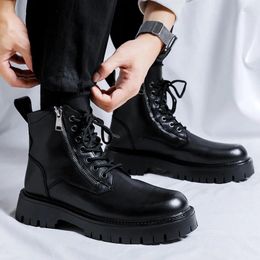 Boots Mens Fashion Original Leather Black Stylish Platform Shoes Party Prom Dress Cowboy Ankle Boot Handsome Motorcycle Botas