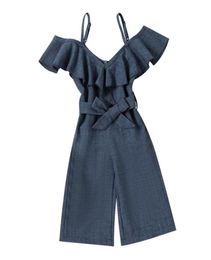 Jumpsuits Kid Girl Sling Jumpsuit Plain Colour Ruffles Decor Waist Tie Up Loose Fit Romper Casual Sweet Style Bodysuit9380093