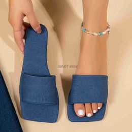 Slippers Large denim one line slippers for women wearing square toe flat bottomed beach sandalsH240306