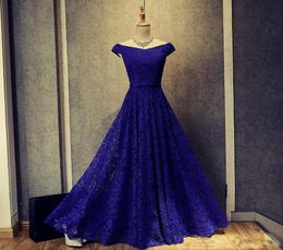 Royal Blue Lace Evening Dresses New Appliqued Long Evening Gowns Short Sleeves Prom Gowns Lace Up8817047