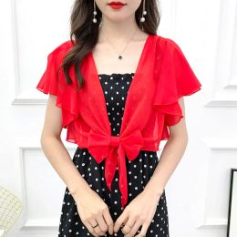 Cardigans 2020 New Women Chiffon Jacket Ruffle Sleeves Cropped Short Shrug Casual Black White Red Solid Good Quality Design Coat