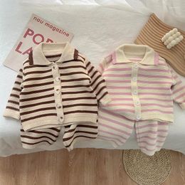 Clothing Sets 2024 Korean Spring Autumn Baby Girls 2PCS Clothes Set Cotton Knitted Striped Polo Coat Wide Leg Pants Suit Toddler Outfits