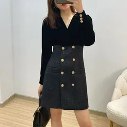 Casual Dresses French Black Double Breasted Dress Elegant V Neck Long-Sleeved Velvet Patchwork Tweed Small Fragrant Party Mini Q887