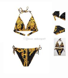 High Quality Designer Ladies Summer Beach One Set Bikini Gold Print Women s Sexy Flowers Bra 2 Piece Waist Tie Swimwear Swimsuit2068413