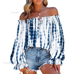 Amazon Spring New Printed Women's Shirt With One Line Neck, Flare Sleeves, Long Sleeve Lace Up Top, Printed Fashionable 195