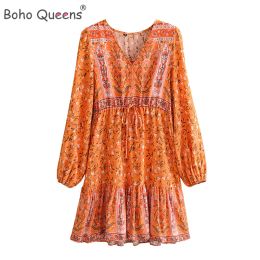 Dress Boho Queens Women Hippie Green Floral Print Vneck Bohemian Mini Dress Summer Ladies Flare Sleeve Dresses Vestidos