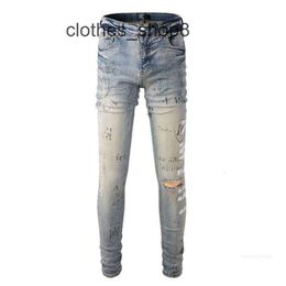 Denim Amirs Jeans Designer Pants Man Fall 869 Fashion 2024 New Am Blue Broken Letter Graffiti Trend Slim Fit Skinny Male 3ZKZ