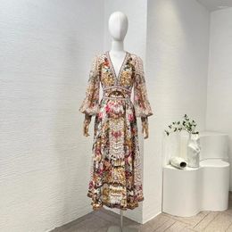 Casual Dresses Spring Summer V-Neck High Quality Elastic Waist Floral Print Long Sleeve Silk Midi Dress