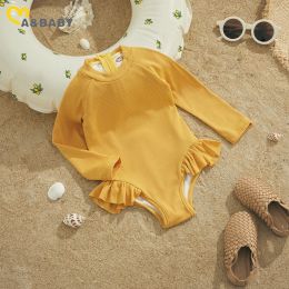 Swimwear ma&baby 15Y Toddler Infant Kid Baby Girl Swimsuit Ruffle Long Sleeve Knit Solid Colour Swimwear Children Beachwear Bathing Suit