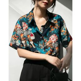 Shirt Vintage Short Sleeve TShirts Flowers Print Oil Painting Loose Oversize Chiffon Women Blouses 2022 Summer Holiday Beach Chic