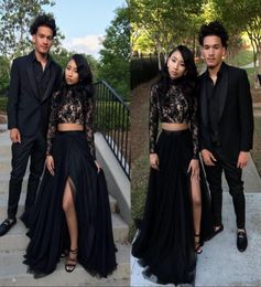 Black Lace Long Sleeve Two Piece Prom Dresses Mermaid High Neck Cheap Formal Party Gowns With High Slit African Prom Dress Custom 4148683