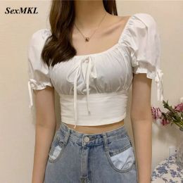 Blouse Sexy Purple Puff Sleeve Ladies Tops 2023 Fashion French White Summer Corset Top Blouse Women Short Gothic Crop Bustier Blouses