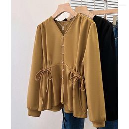 Women's Blouses Autumn Temperament Versatile Women Tops Drawstring Solid Color Loose V-Neck Single Breasted Casual Cozy All-Match Female