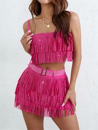 Two Piece Sets Women Summer Punk Club Sexy Skirt Sets Sleeveless Sequin Tassel Camis Top Mini Skirts with Belt Female 2Pcs Set 240304