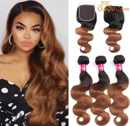 Ombre Brazilian Body Wave Human Hair Bundles With 4X4 Lace Closure 1B30 Blonde Brazilian Human Hair Weave 3 Bundles With Closure2314051