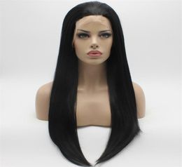 Iwona Hair Straight Long Black Wig 21 Half Hand Tied Heat Resistant Synthetic Lace Front Wig3934837