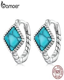 Hoop Huggie 925 Sterling Silver Blue Square Turquoise Ear Buckles for Women Simple Style Earrings Fine Jewelry 2210084931140