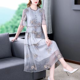 Dress 2023 New High Fashion Lace Silk Dress Women's Spring Large Round Neck Loose Relaxed Holiday Wedding Dress Vestidos