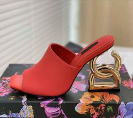 Newest Firsted Dress Shoe Womens Sandal Special-shaped Heel High Heels Genuine Lether Woman Sandal Slide Thin Tape Letter Design Slipper