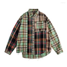 Men's Casual Shirts Autumn Men Japanese Streetwear Fashion Irregular Hem Splice Plaid Long Sleeve Oversized Women Cardigan Blouses Retro green checkered shirt