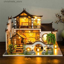 Architecture/DIY House NEW DIY Wooden Doll Houses Japanese Ancient Casa Miniature Building Kits with Furniture Led Dollhouse for Adults Christmas Gifts