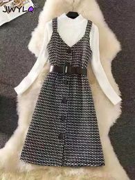 Autumn Winter Vneck Sleeveless Woolen Check Dresshalf High Collar Sweater 2 Piece Sets 2023 Streetwear Womens Clothing 240304