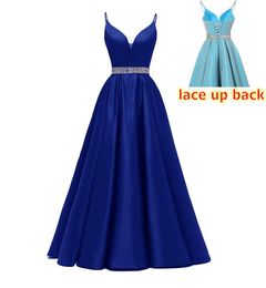 Spaghetti Blue Long Prom Dresses With Beaded Sash Satin V-Neck Formal Evening Gowns Floor Length Cheap Party Bridesmaid Dresses ce-up Back6839579