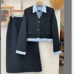 Suits Women's Black Suit Skirt Set Women Korean Fashion Long Sleeve Fake Shirt Collar Patchwork Top+Solid Aline Skirts Two Piece Set