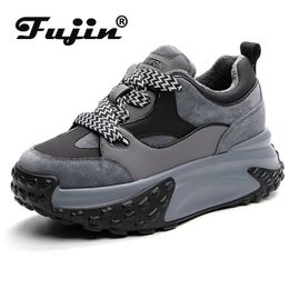 Fujin 6cm Cow Genuine Leather Chunky Sneaker Winter Autumn Platform Wedge Sneakers Women Plush Warm Hidden Heel BreathableShoes 240228