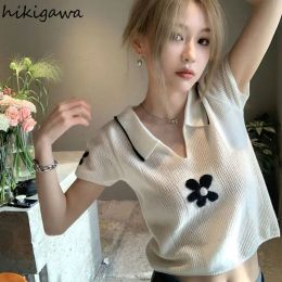 T-shirt Knitting Thin Woman Tshirts Summer Solid Color Tees Tunic Short Sleeve Crop T Shirts Casual Chic Y2k Tops 2023 Shirts for Women