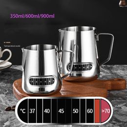 350600ml900ml Stainless Steel with Temperature Sticker Pull Flower Cup Espresso Milk Frother Pot Coffee Maker 240304