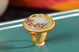 Cluster Rings Natural Hetian Jade Enamel Porcelain Flower South Red Tourmaline Ladies Ring Opening Exquisite Chinese Style Jewelry8234217