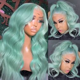 Hair Wigs Mint Green Coloured Body Wave Synthetic Wig Grey Hait Long Wavy Glueless Fibre Lace Frontal Wigs Cosplay Use Women Hair 240306