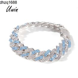 Uwin New Arrival Blue 13mm Miami Cuban Link Chain Iced Out Cz Choker Bracelet Fashion Trendy Hip Hop Rapper Jewellery