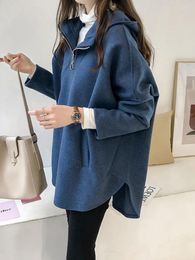 Women's Hoodies Autumn Clothing Jacket Solid Colour Loose And Thick Hooded Long Sleeved Hong Kong Style Pocket Trench Coat For Women